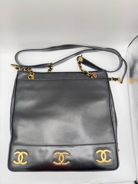 CHANEL Vintage Triple Coco Shoulder Bag Lambskin Black 24K Gold-Plated Hardware